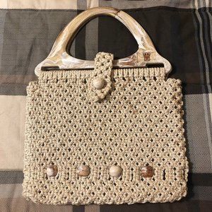 Beige Macrame Purse With Marblized Handle Vintage Boho